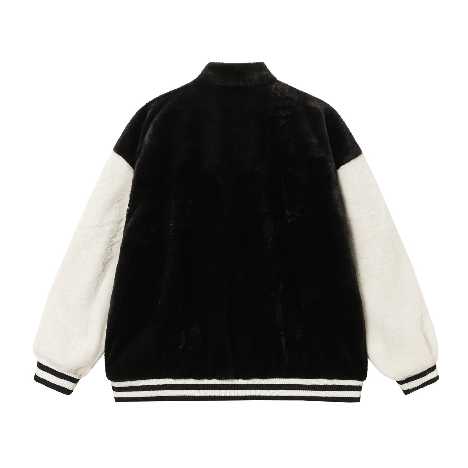 Faux Fur Cross Varsity Jacket - Black White Gothic Streetwear 035