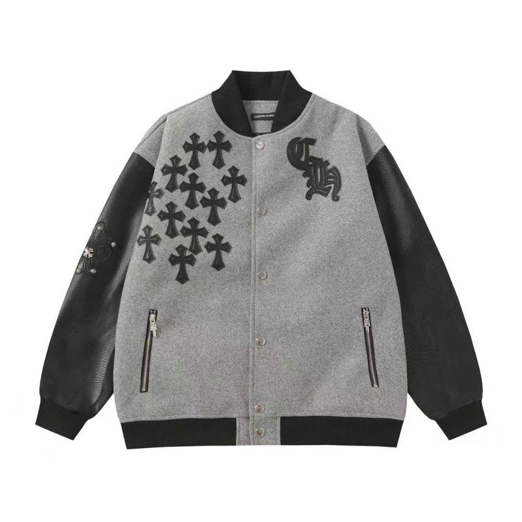 Multi Cross Varsity Jacket - Grey Black Street Jacket 2215