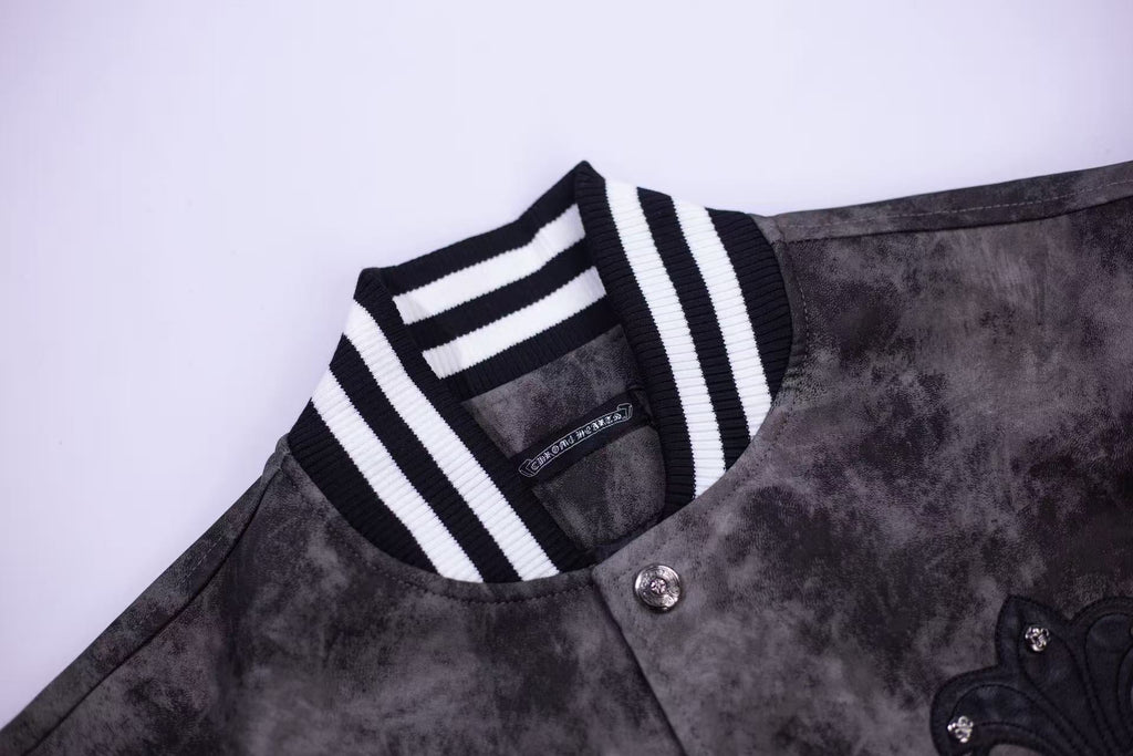 Fleur-de-lis Patch Varsity Jacket - Grey Tie-dye Outerwear A5588