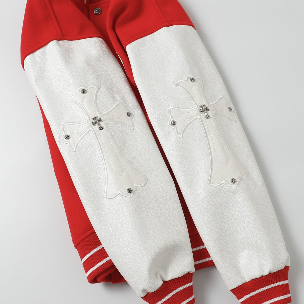 Red Cross Varsity Jacket - White Sleeve Gothic Street Baseball Coat D68